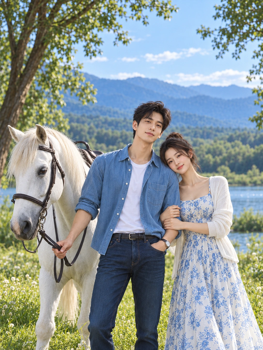 RedBean romantic lakeside scene with a couple and white horse